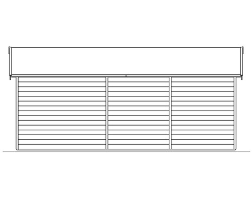 Detaillierte schematische Darstellung eines Gartenhauses mit horizontaler Holzverkleidung.