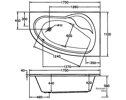 Dessin technique d''une baignoire avec dimensions