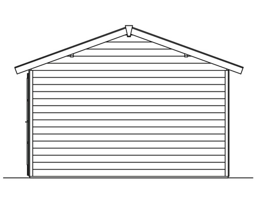 Zeichnung eines Gartenhauses mit Satteldach und horizontaler Holzverkleidung