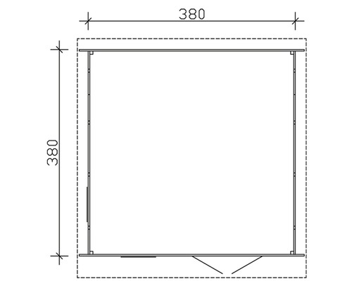 Grundrisszeichnung eines Gartenhauses mit den Maßen 380 mal 380 Zentimeter.