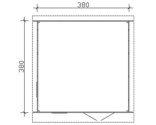 Schéma technique d''une cabane de jardin mesurant 380 sur 380 centimètres.