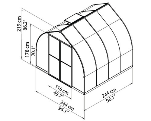 Image d''une serre avec des mesures de hauteur, largeur et profondeur.