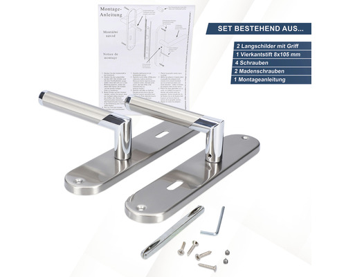 Edelstahl Langschildgarnitur mit Griff, Vierkantstift, Schrauben, Madenschrauben und Montageanleitung