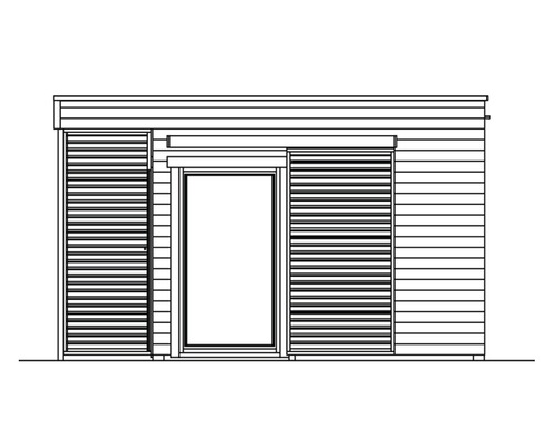 Illustration eines Gartenhauses mit Tür und Fensterläden