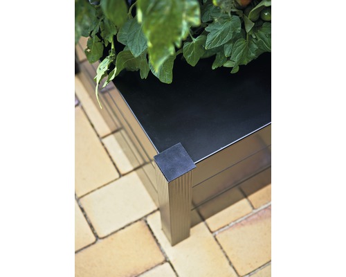 Detailansicht eines schwarzen Hochbeets mit Pflanzen auf einem gepflasterten Untergrund