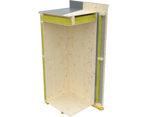Querschnitt eines Gartenhauses mit Holzwänden und Dachisolation