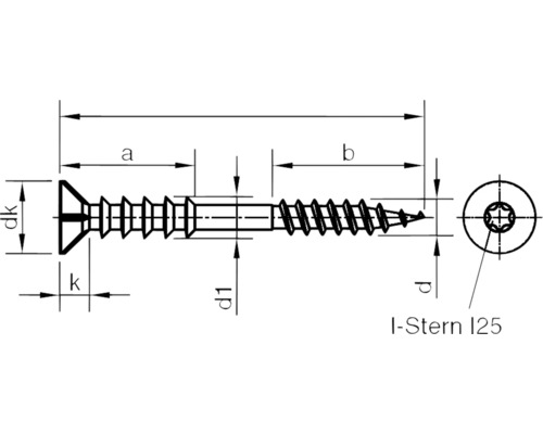 Technische Zeichnung einer Schraube mit I-Stern I25 Antrieb und Detailmaßen