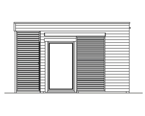 Illustration eines Gartenhauses mit Holzwänden und einer Tür