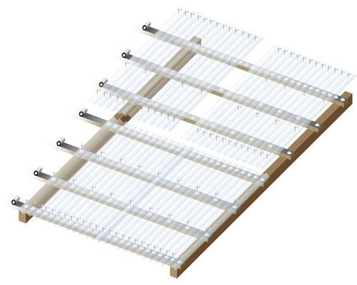 Illustration eines transparenten Terrassendachs mit Holzrahmen und Befestigungsmaterial.