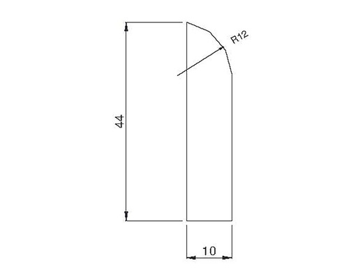 Dessin technique avec les dimensions d''une pièce : 44 millimètres de hauteur, 10 millimètres de largeur, rayon de 12 millimètres