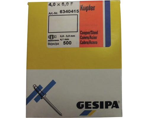 Packung Gesipa Blindniete 4,0 x 6,0 aus Kupfer und Stahl, 500 Stück