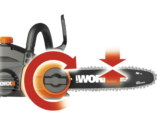 Illustration d''une tronçonneuse avec tension de chaîne sans outil et graissage automatique de la chaîne