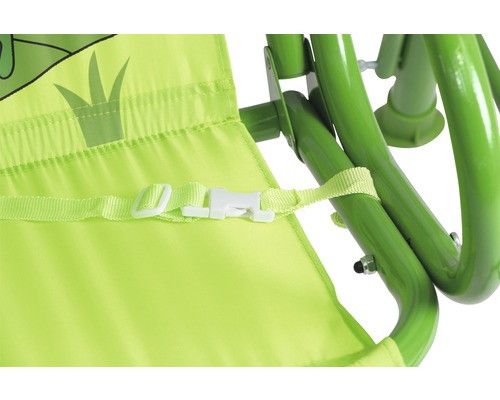 Detailansicht eines Kinderschaukelsitzes mit Sicherheitsgurt und Schnalle