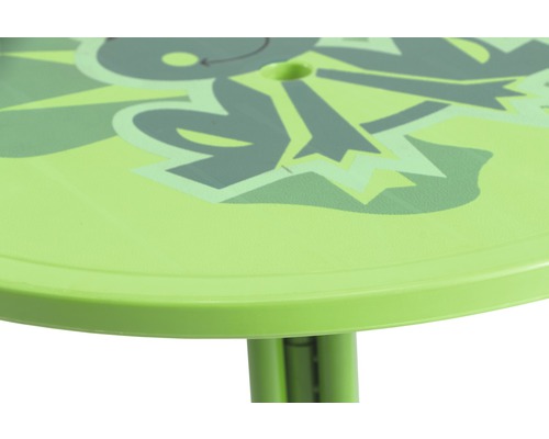Detailansicht einer grünen Kinderspieltischplatte mit Motiv