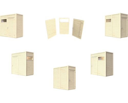 Vues multiples d''une remise de jardin en bois avec porte et fenêtre