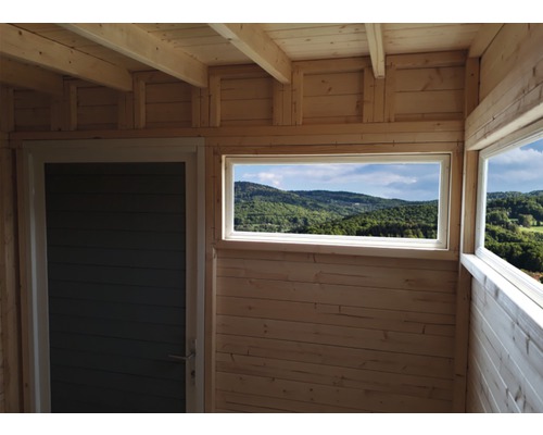 Vue intérieure d''une maison en bois avec porte et fenêtre