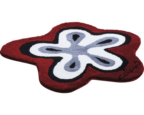 Tapis rouge avec motif floral en gris, noir et blanc