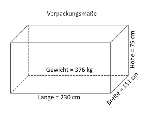 Verpackungsmaße mit einer Länge von 230 cm, einer Breite von 111 cm, einer Höhe von 75 cm und einem Gewicht von 376 kg