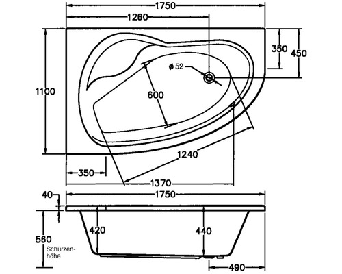 Schéma technique d''une baignoire avec dimensions