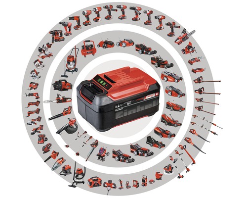 Batterie Einhell avec divers outils en arrière-plan
