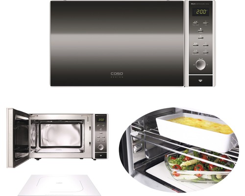 Micro-ondes avec cavité en acier inoxydable et diverses fonctions de cuisson.