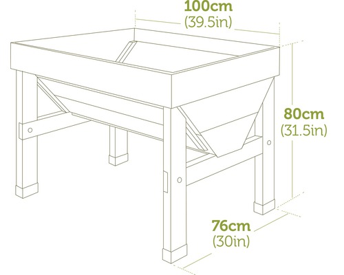 Dessin technique d''un potager surélevé avec des dimensions de 100 cm de large, 80 cm de haut et 76 cm de profondeur