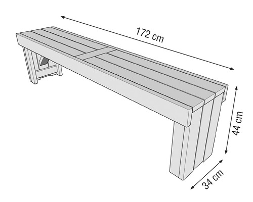 Illustration d''un banc de jardin en bois avec des dimensions de 172 cm de longueur, 44 cm de hauteur et 34 cm de profondeur.