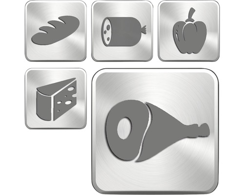 Symbole für Brot, Wurst, Paprika, Käse und Schinken