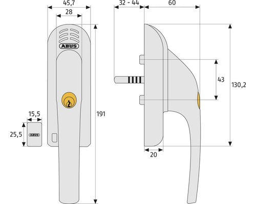 Schéma technique d''une poignée de fenêtre avec dimensions et logo Abus
