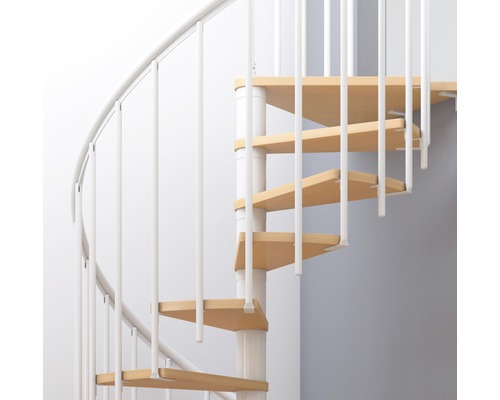 Escalier en colimaçon avec marches en bois et rampe blanche