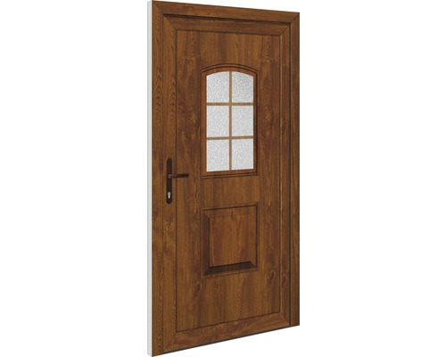 Braune Haustür mit Glaseinsatz und Griff
