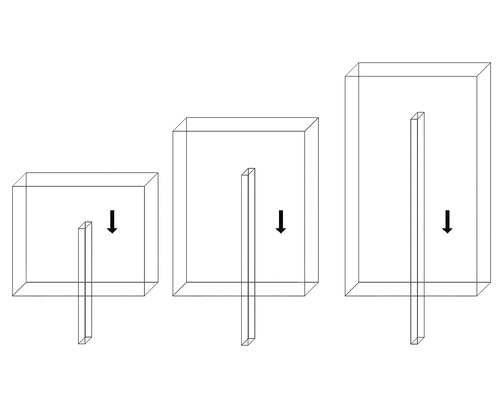 Drei Behälter unterschiedlicher Grösse mit Pfeil nach unten