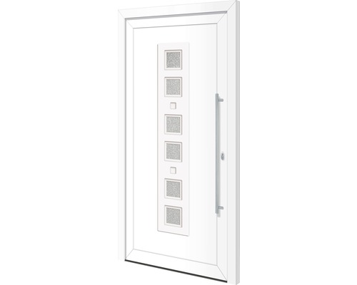 Weisse Haustür mit Glaseinsätzen und Edelstahlgriff