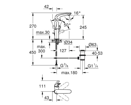 Schéma coté d''un robinet avec différentes dimensions