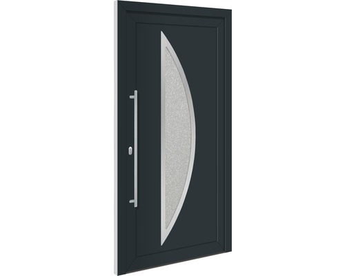 Porte d''entrée grise avec poignée latérale et insert en verre