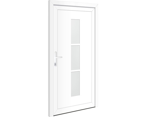 Weisse Kunststofftür mit drei Glaseinsätzen und Griff