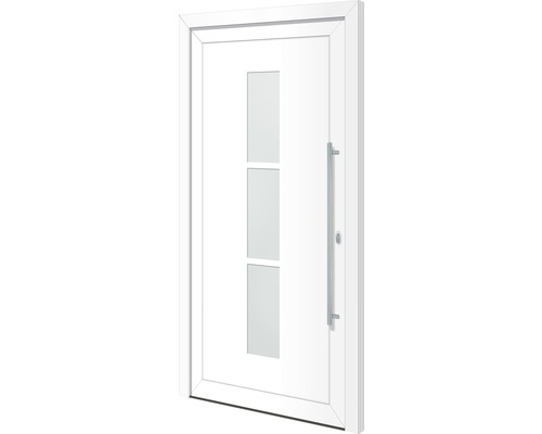 Porte d''entrée blanche avec vitres et poignée barre