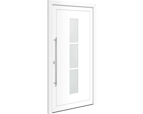 Weisse Haustür mit drei rechteckigen Glaseinsätzen und einem Griff