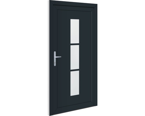 Eingangstür mit drei rechteckigen Glaseinsätzen und Griff