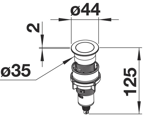 Technische Zeichnung eines Ablaufventils mit den Maßen 44 mm, 35 mm und 125 mm.