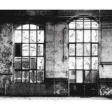 Deux fenêtres dans un vieux bâtiment avec des vitres endommagées et des murs délabrés.