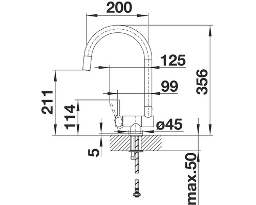Plan coté d''un robinet de cuisine avec différentes dimensions.