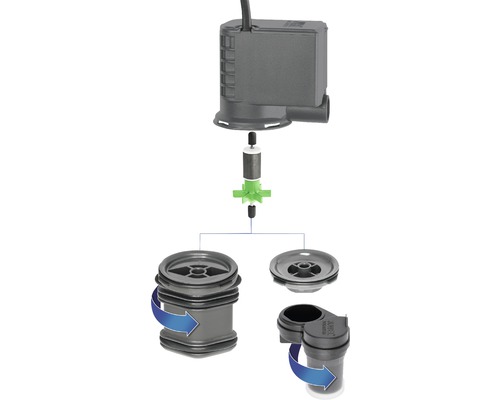 Vue éclatée d''une pompe d''aquarium avec rotor et chambre de pompe