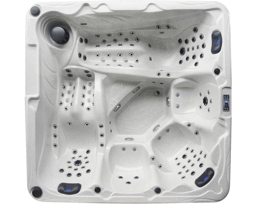 Aufnahme von oben eines Whirlpools mit Sitzen und Düsen