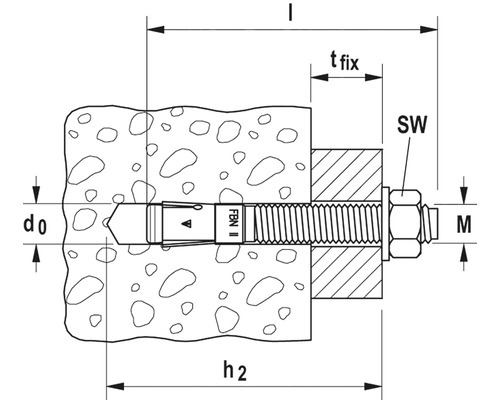 Illustration eines Bolzenankers mit metrischen Angaben