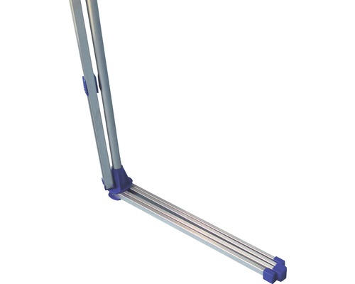 Vue détaillée d''un piètement de table en aluminium avec raccords d''angle bleus