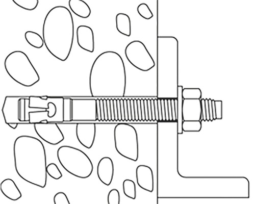 Illustration eines Ankers in Beton mit einer L-förmigen Halterung, fixiert mit Muttern.