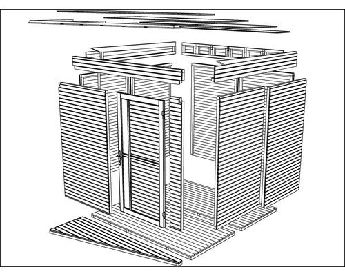Schéma éclaté d''une cabane de jardin avec porte en bois et bardage horizontal en bois.