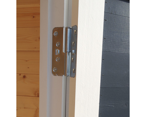 Charnière de porte en métal fixée sur une porte en bois