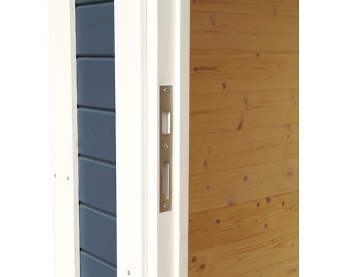 Vue détaillée d''une serrure de porte avec poignée encastrée dans une porte en bois